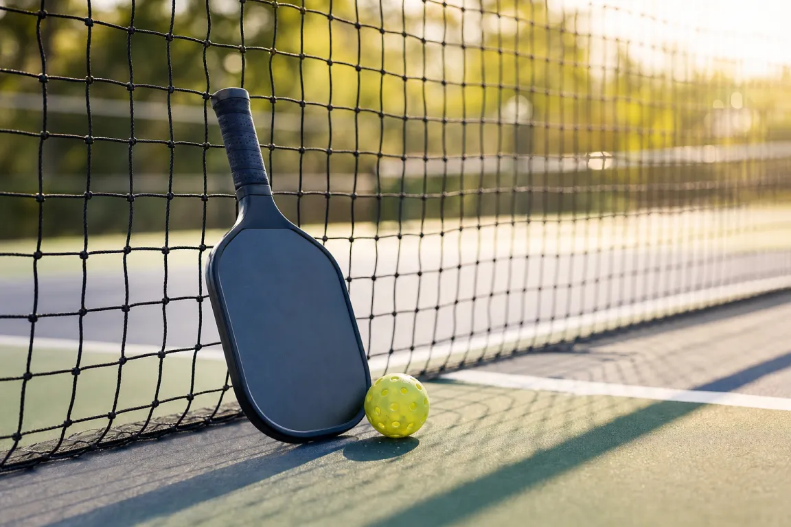 Pickleballpaddel som vilar mot ett nät utomhus i solljus