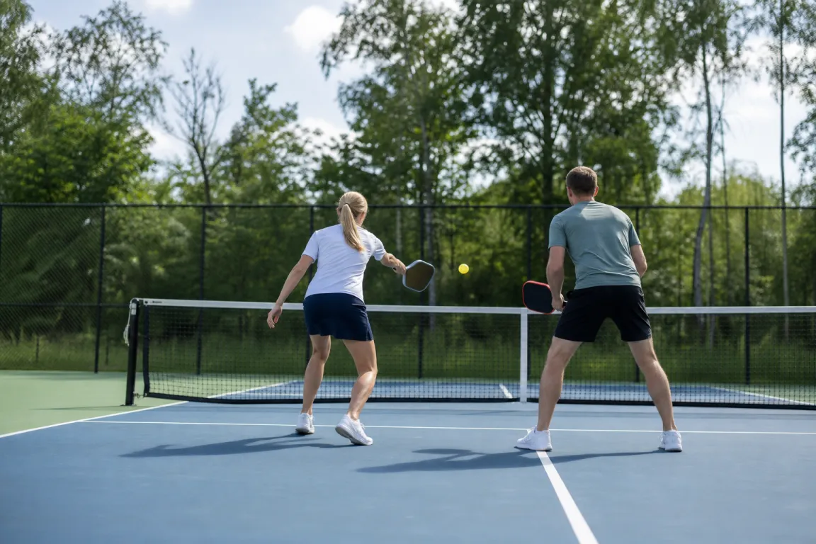 Två spelare på avstånd i ett utbyte nära nätet på en pickleballbana utomhus