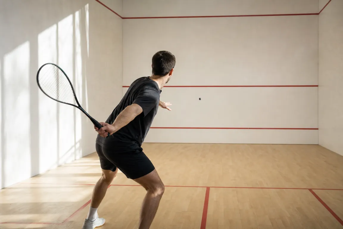 Squashspelare sedd bakifrån i en fyrväggsbana precis innan bollen träffar frontväggen