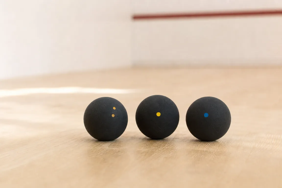 Tre squashbollar med olika prickmarkeringar i närbild på ett squashbanegolv
