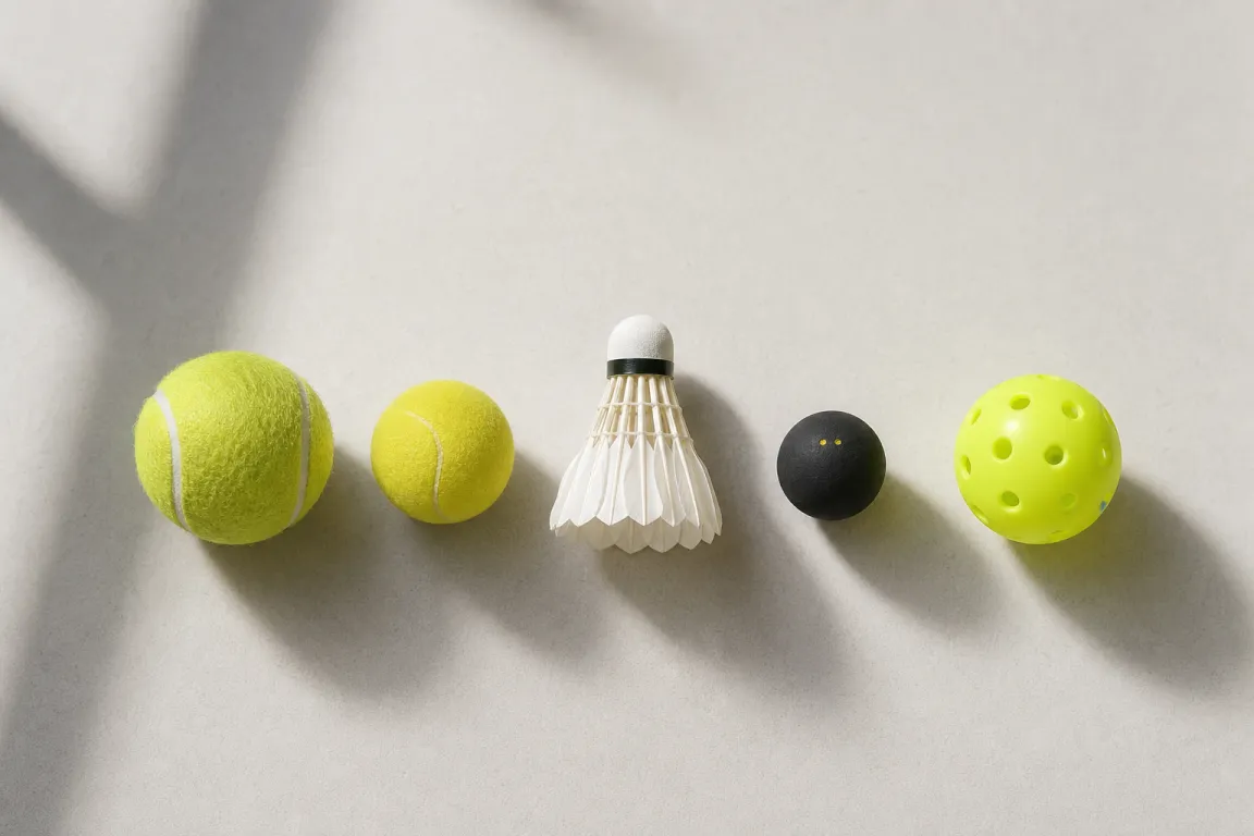 Fem olika racketsportbollar uppradade på ett ljust bord sedda ovanifrån