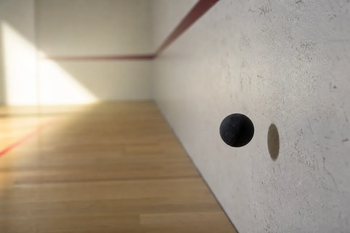 Squashboll studsar mot en ljus vägg i en inomhushall med dramatiskt sidoljus