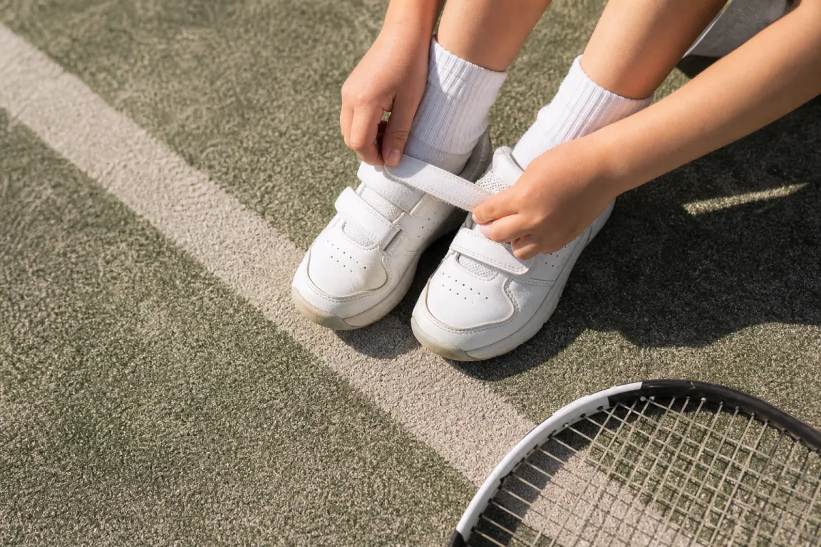Ett barns tennisskor med kardborreband på en tennisbana
