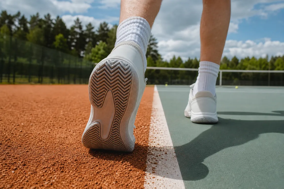 Tennisskosula fotograferad snett underifrån mellan grus och hardcourt