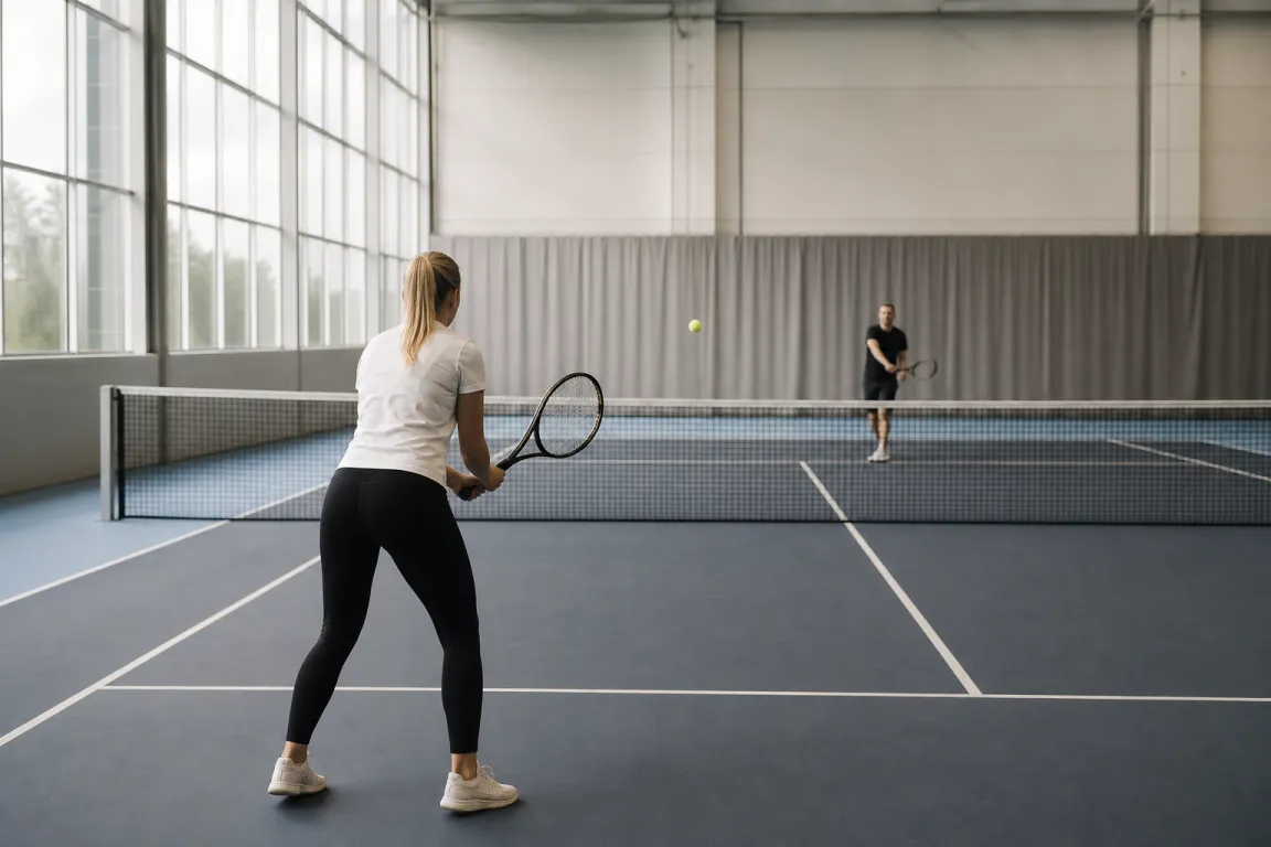 Vuxen nybörjare tar emot en boll från en tränare på en inomhusbana
