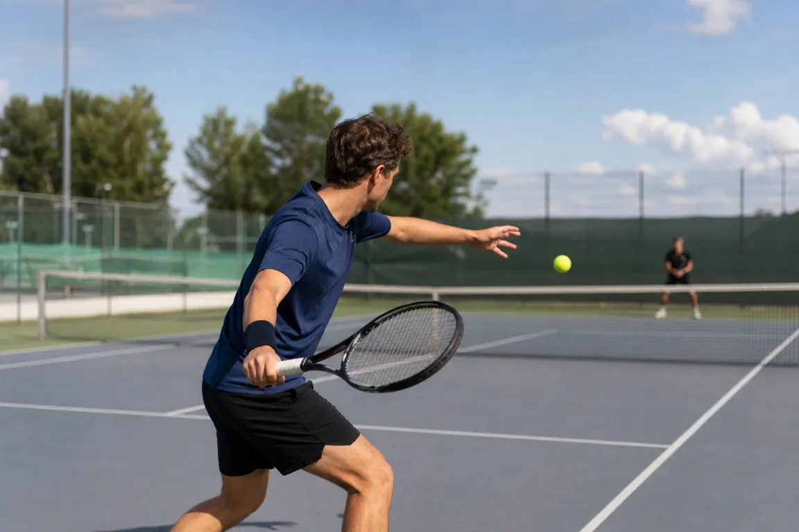 Tennisspelare i profil mitt i ett forehandslag på en hardcourt-bana