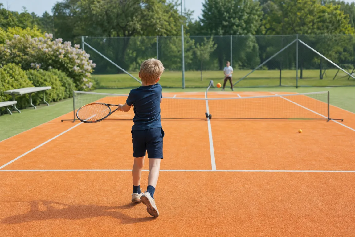 Barn sett bakifrån som spelar på en förminskad orange minitennisbana