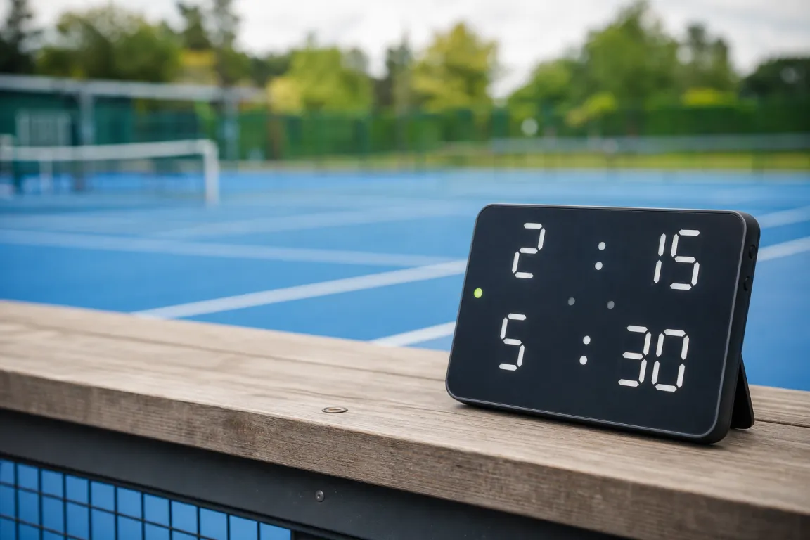 Poängtavla vid sidan av en tennisbana med hardcourt-bana suddig i bakgrunden