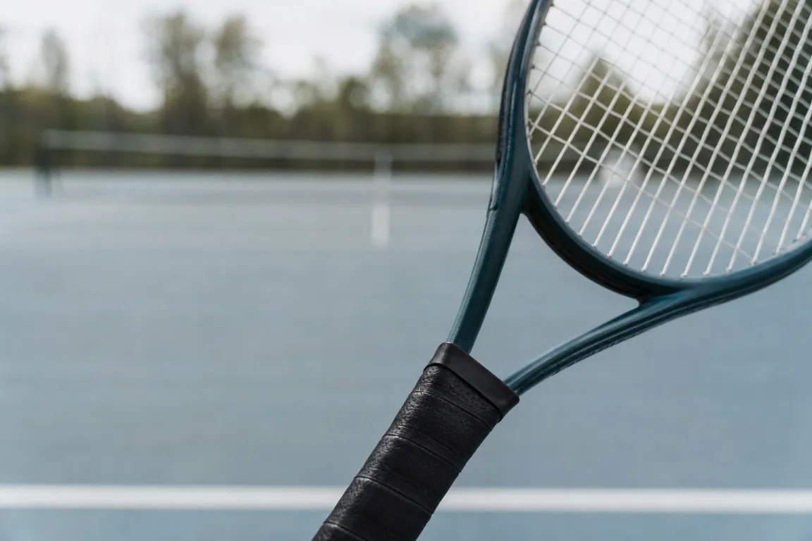 Tennisracketgrepp och strängyta i närbild med hardcourt-bana suddig i bakgrunden