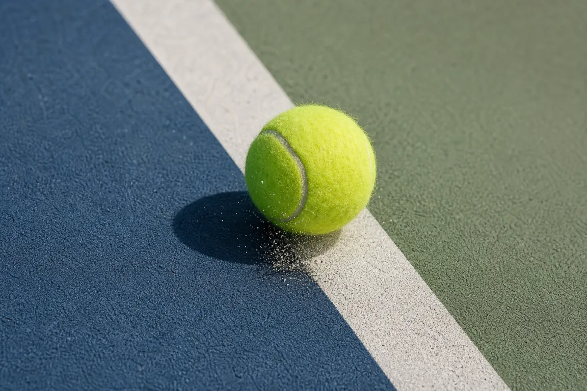 Tennisboll som träffar en vit sidlinje på en hardcourt-bana