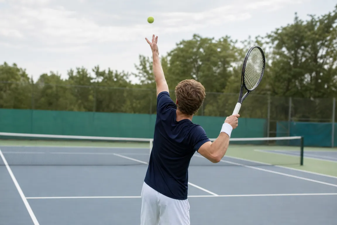 Tennisspelare sedd bakifrån mitt i uppkastet inför en serve
