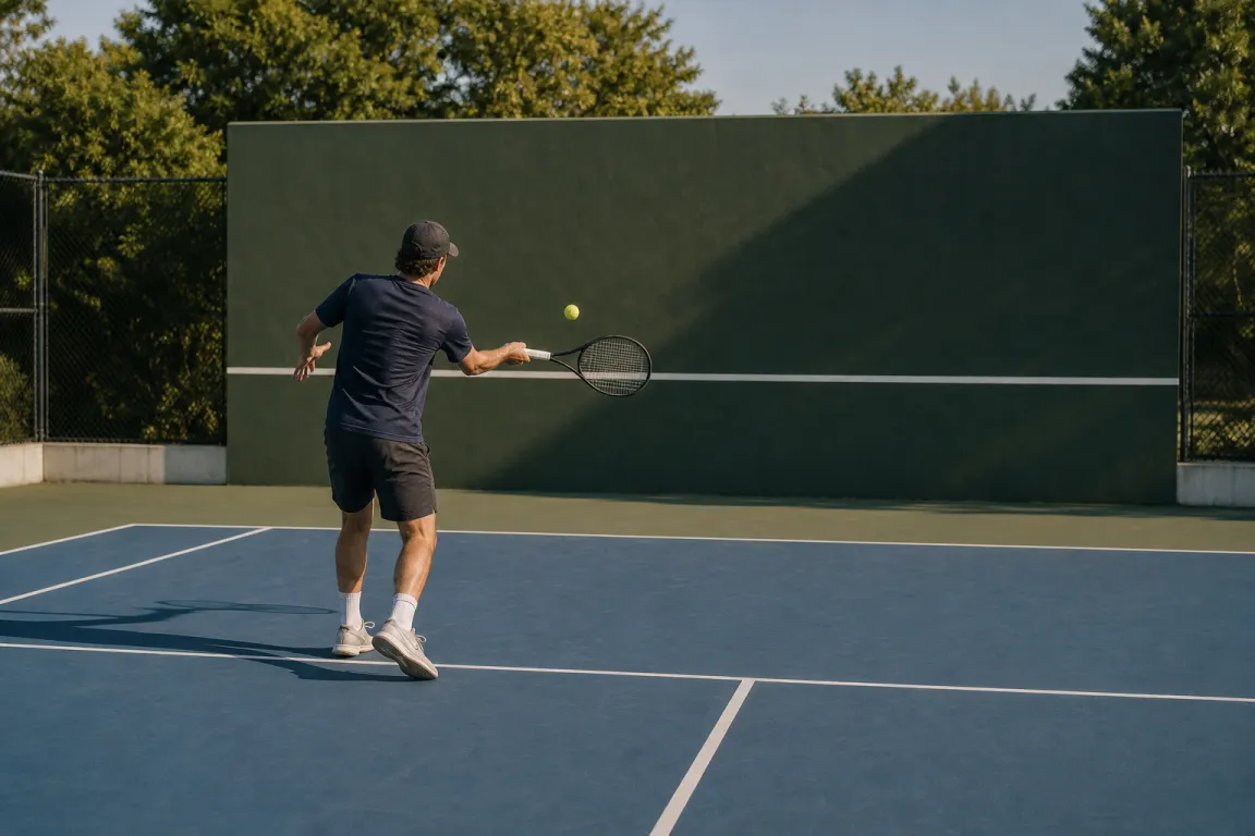 Ensam tennisspelare tränar forehand mot en övningsvägg utomhus