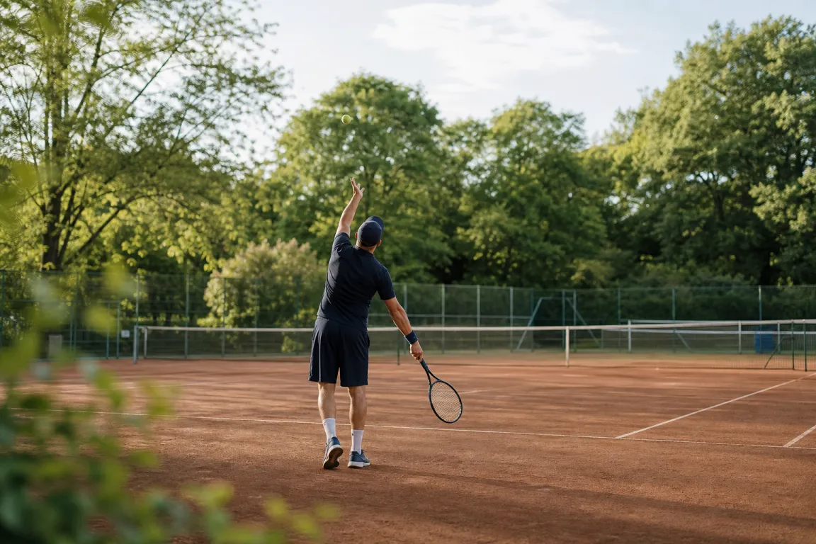 Tennisspelare sedd bakifrån under en serve på en grusbana
