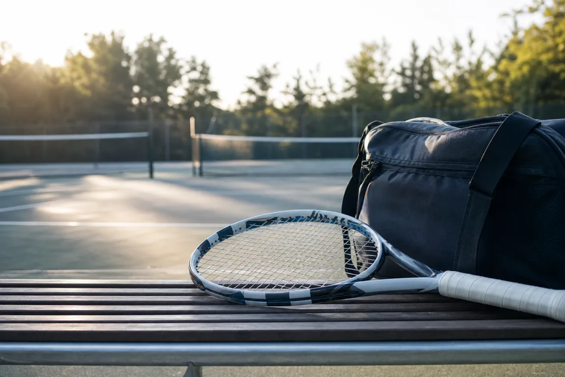 Tennisracket som ligger på en bänk vid en tennisbana
