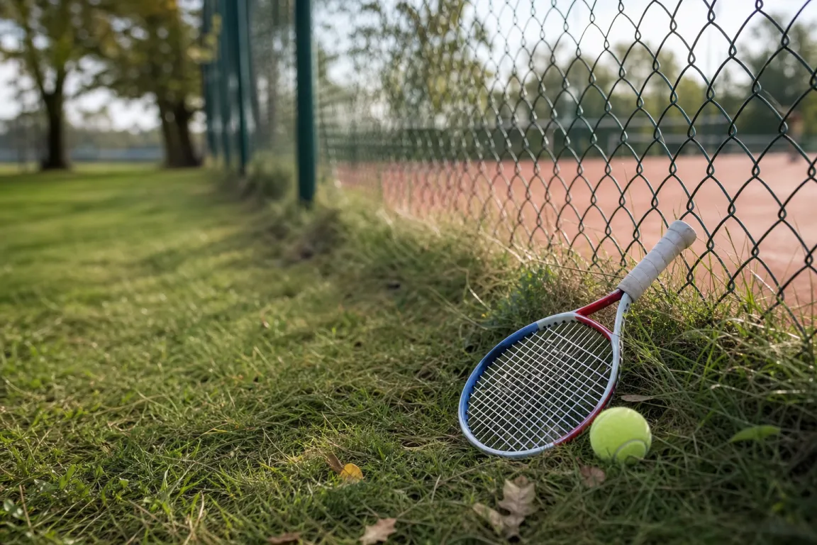 Litet juniortennisracket i gräset bredvid en tennisboll