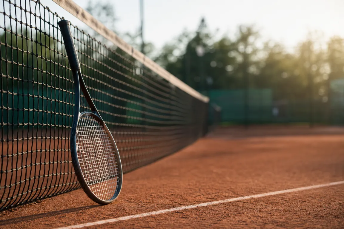 Tennisracket lutad mot ett nät på en grusbana