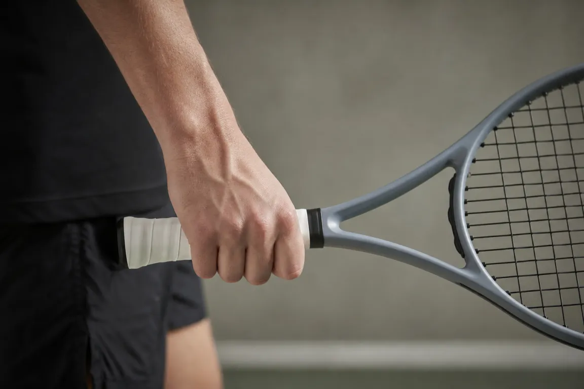 Hand som greppar skaftet på ett tennisracket i närbild