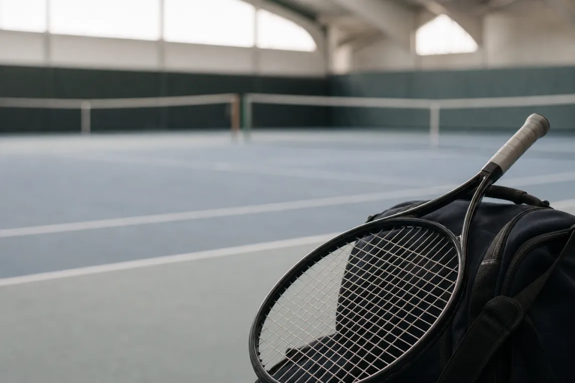 Tennisracket lutat mot en väska i en inomhushall