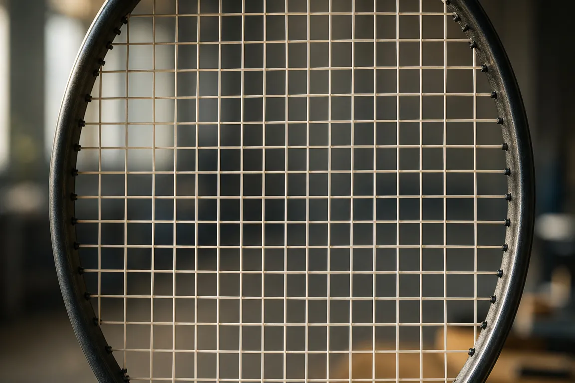 Närbild på strängmönstret i ett tennisracket