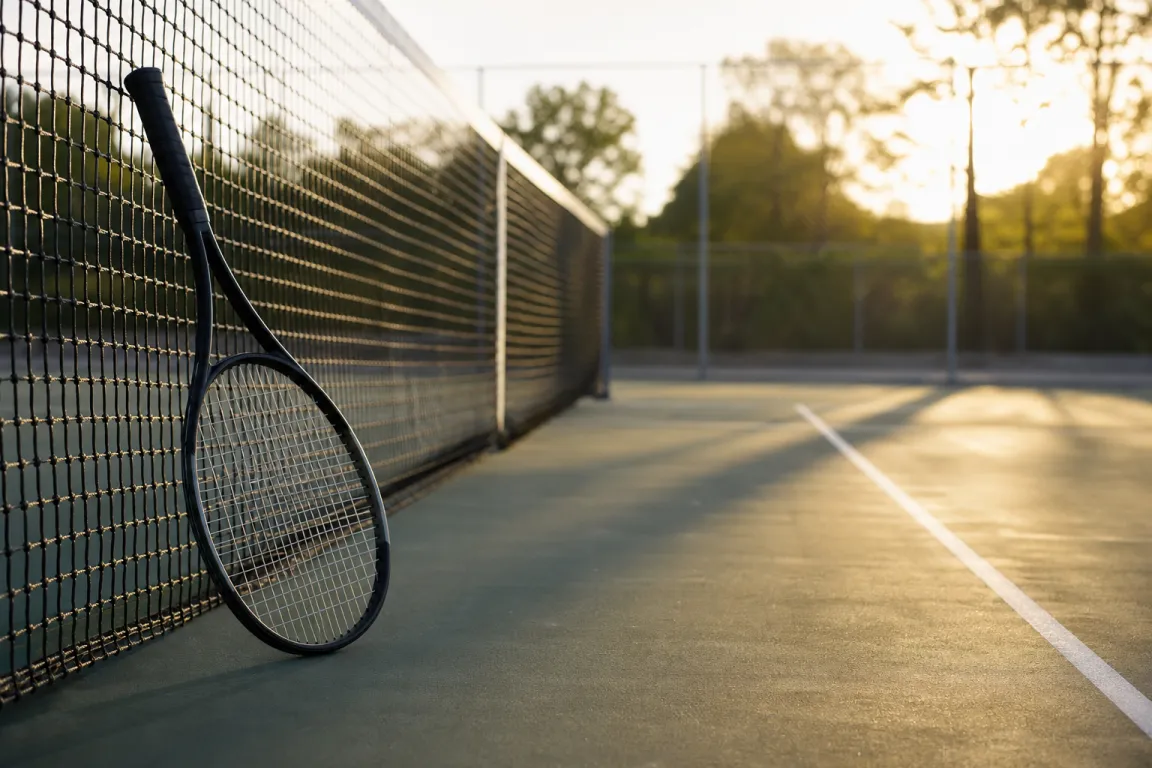 Tennisracket lutat mot ett tennisnät i eftermiddagsljus