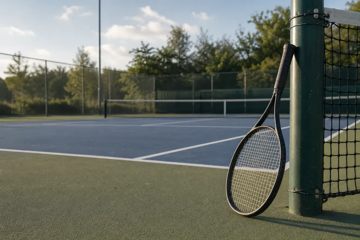 Tennisracket lutat mot en nätstolpe på en tennisbana