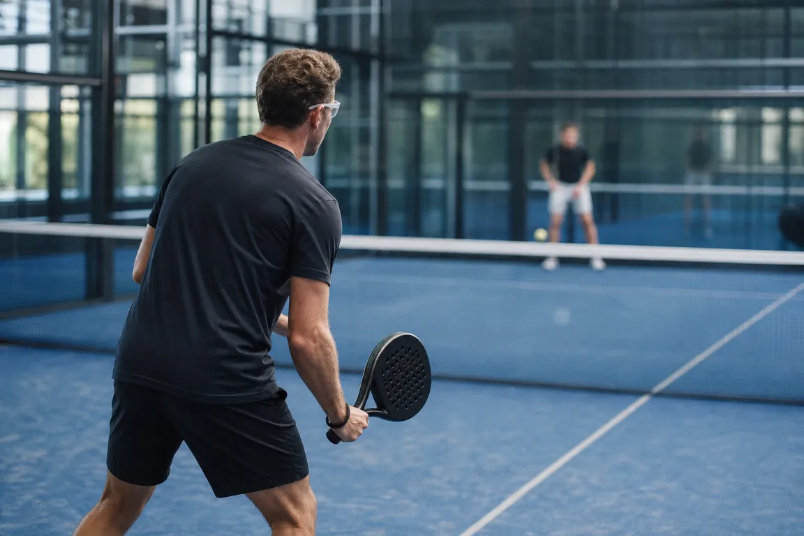 Padelspelare sedd på avstånd i en inglasad padelbana med skyddsglasögon i profil