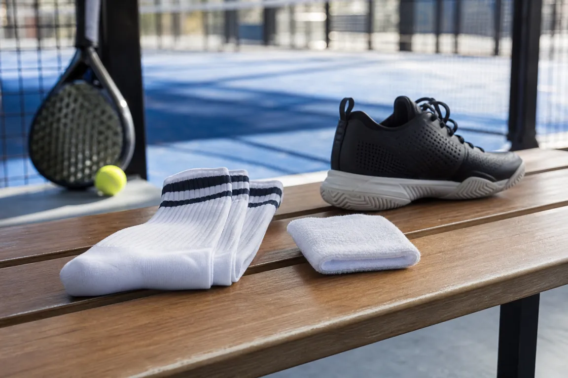Ett par sportstrumpor och ett svettband utlagda bredvid en padelsko på en bänk