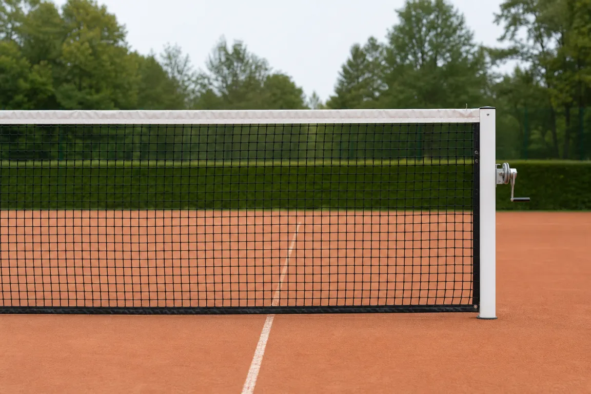 Ett spänt tennisnät sett framifrån på en tom grusbana med nätvinschen synlig vid ena stolpen