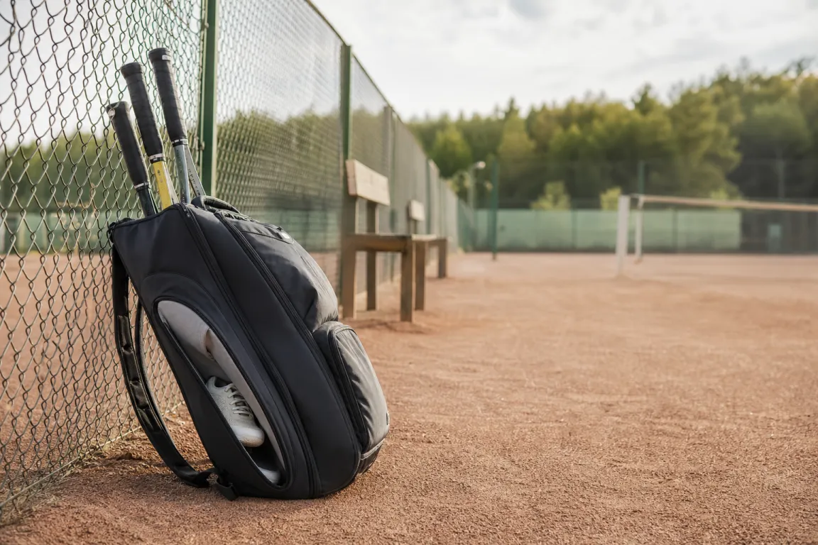 Tennisväska med flera racketfack som lutar mot ett staket vid en grusbana
